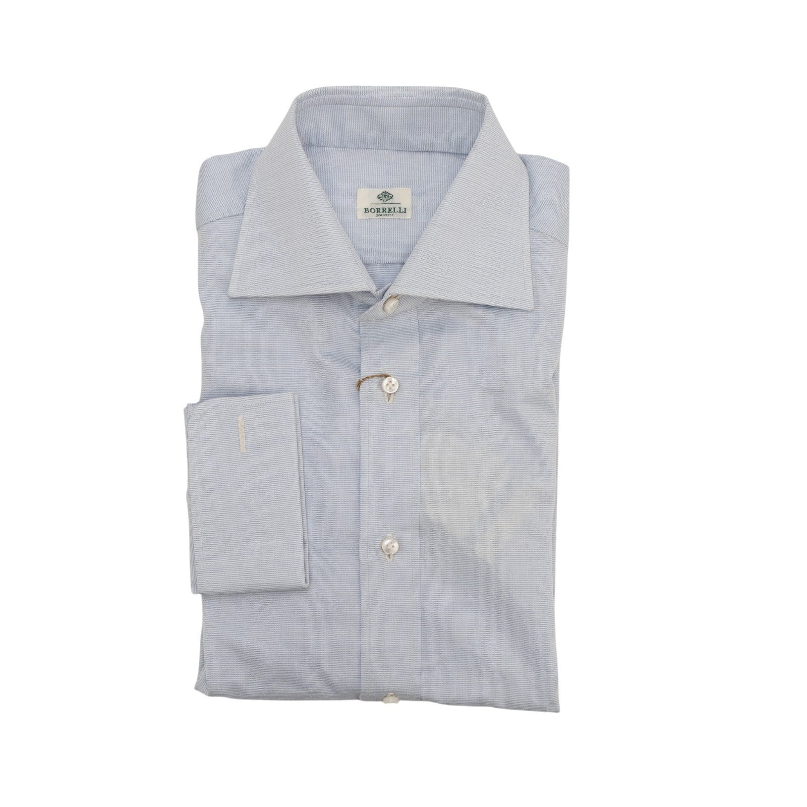 450$ LUIGI BORRELLI Dress Shirt End-on-End Blue 8 Hand Steps 100% Cotton 15.5-39