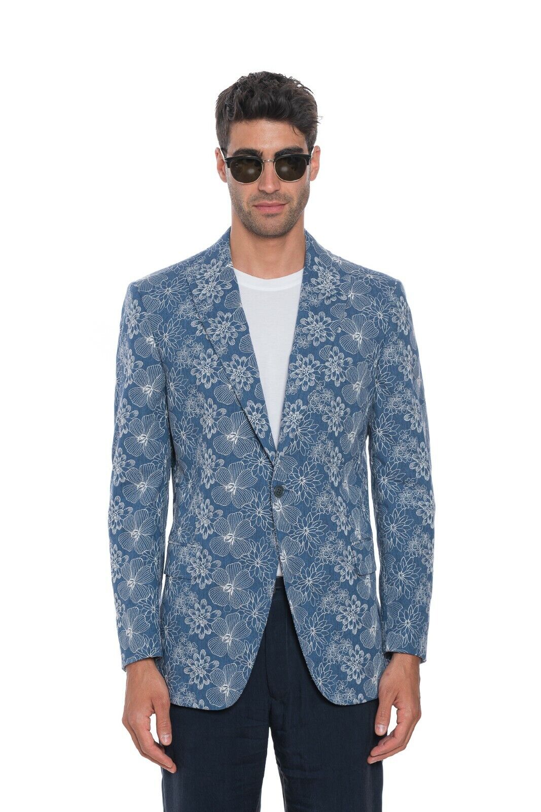 2450$ BELVEST Blue Cotton Flowers Jacket Blazer Work of Art 42 US / 52 EU 7R