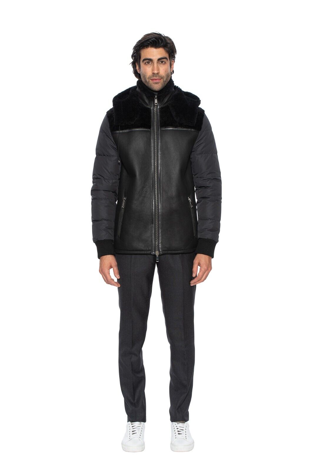 $3885 HETTABRETZ for TESTONI Black Jacket Coat Puffer Goose Down + Shearling
