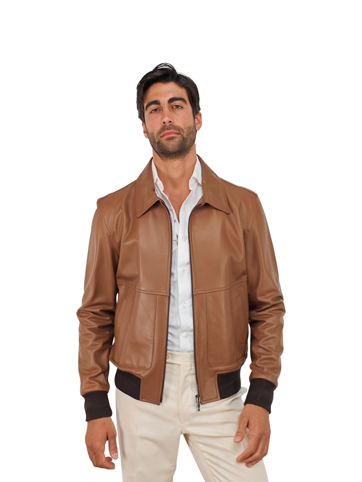 $5800 ISAIA NAPOLI Brown Cognac Bomber Jacket 100% Lambskin Leather 38 US 48 EU