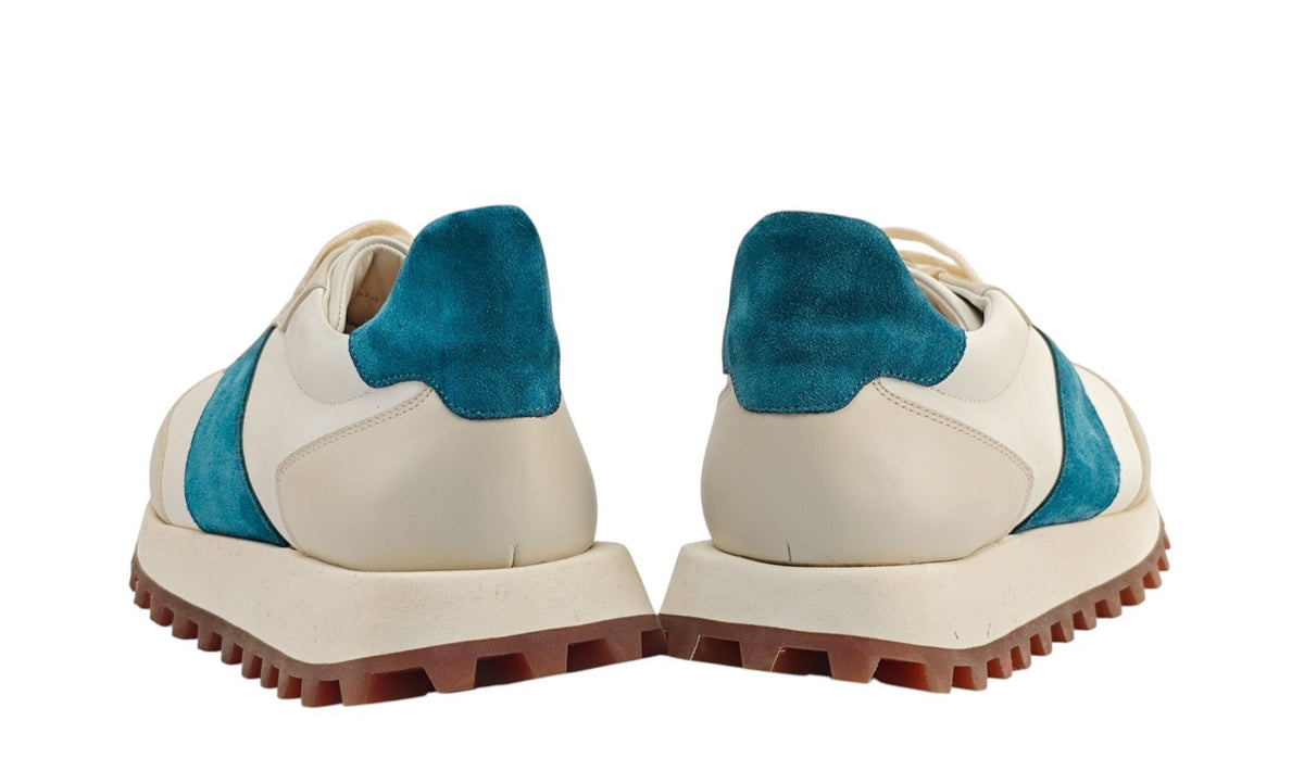 $900 TESTONI BOLOGNA "Como" Sneaker Shoes Sport Calf & Suede Ivory / Blue