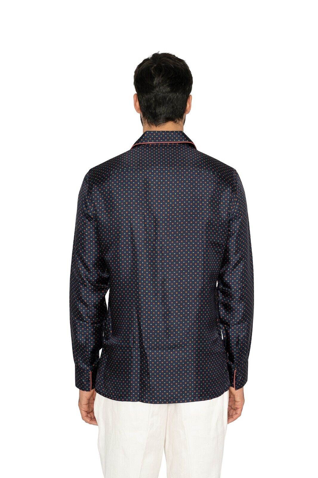 1400$ LUXURY MAROL BOLOGNA Camp Collar Shirt Blue Navy Floral  100% COMO SILK