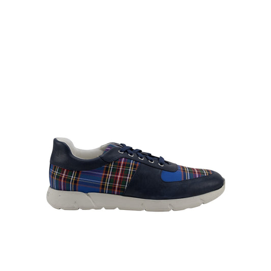 850$ TESTONI Sneaker Eco Tartan + Washed Lamb Bluette Navy 8 UK  / 9 US / 42 IT