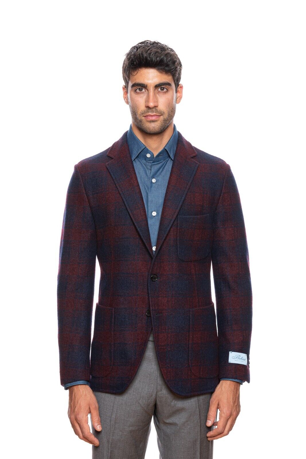$1980 BELVEST Wool Check Burgundy Blue Jacket 38 US / 48 EU Drop 7R