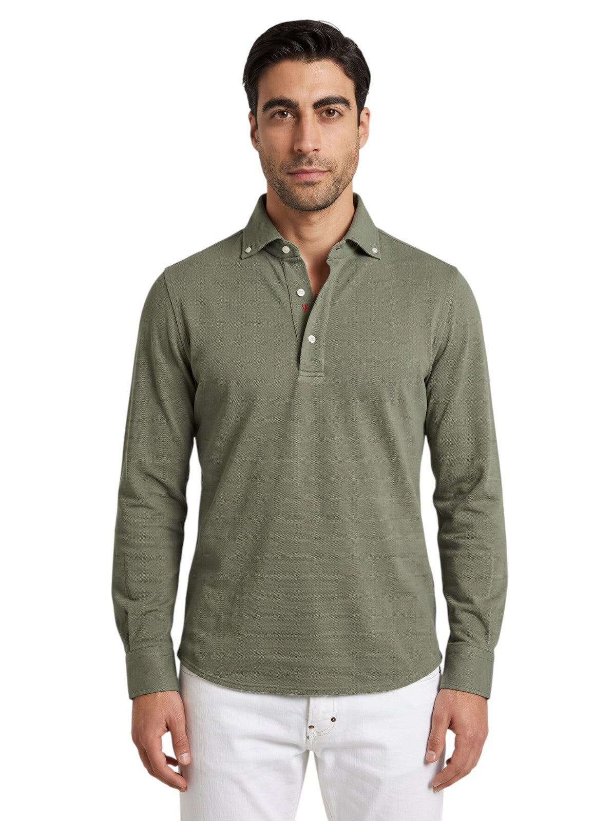 695$ ISAIA NAPOLI Olive Green Polo Long Sleeve Cotton Size M - Made in Italy