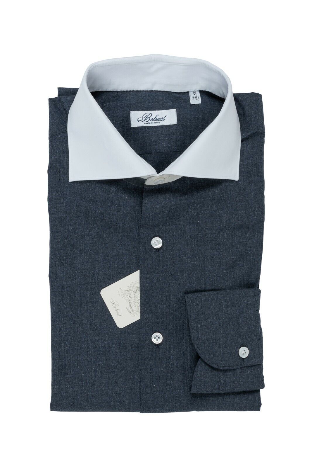 310$ BELVEST by FINAMORE Dark Blue Contrast Collar Shirt 7 Passages Hand-Sewn