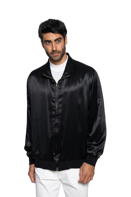 2000$ ITALO FERRETTI Bomber Jacket TOTAL BLACK 100% Silk SATIN 40 US 50 EU BIJAN