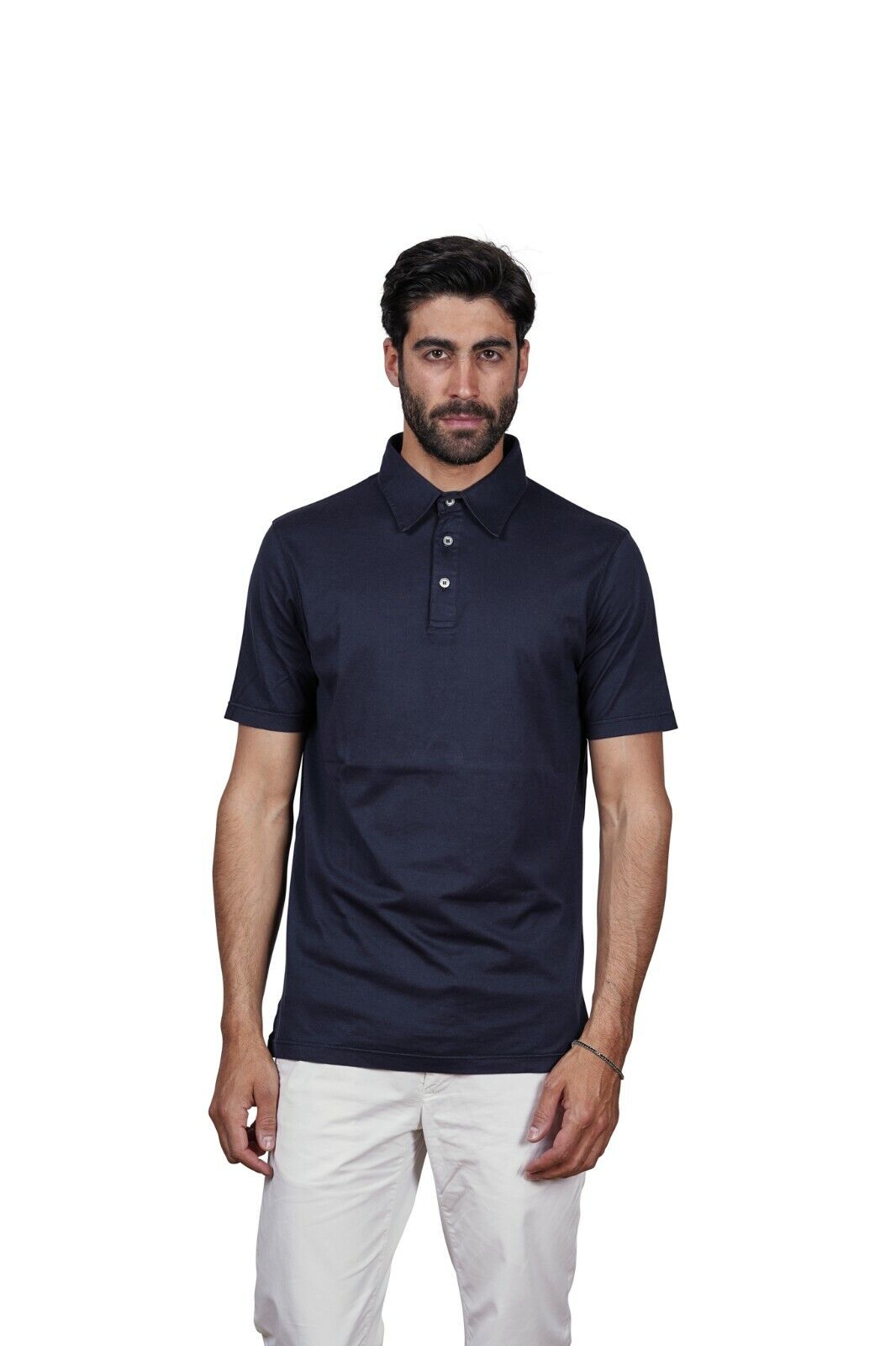 240$ FEDELI CASHMERE Knit Polo Extrafine Washed Cotton Blue Navy 40 US / 50 EU