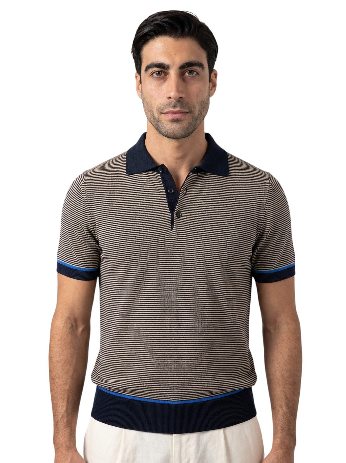 1450$ ISAIA NAPOLI Blue - Beige Polo Sweater Wool Linen - Cotton Size M