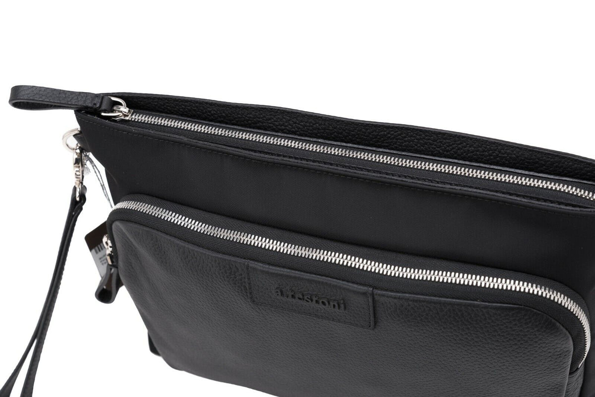 $480 Testoni Bologna Black Karibu Calf + Fabric Hand Clutch Bag + Handle