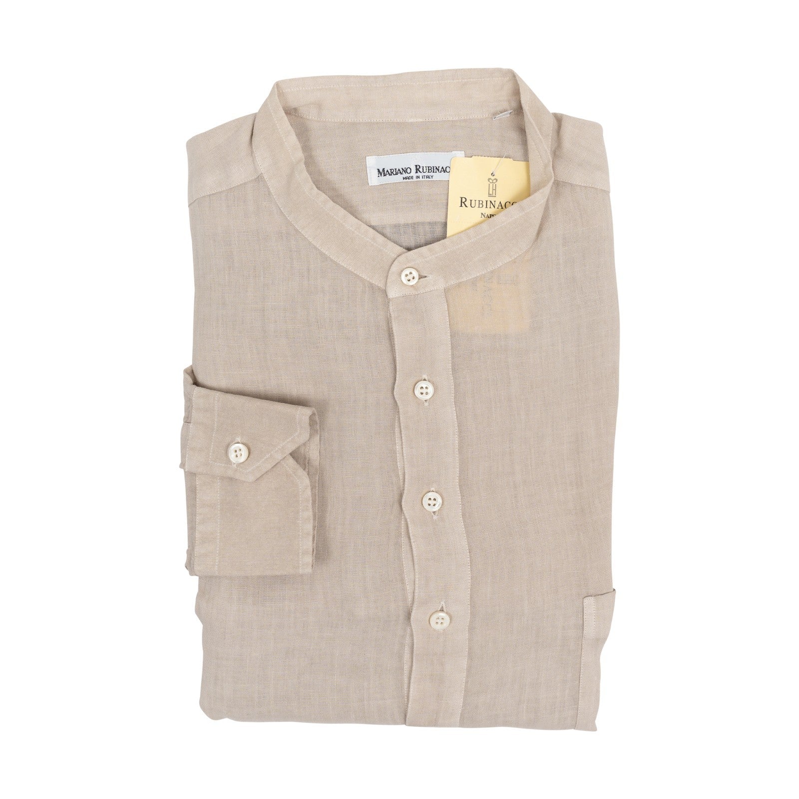 520$ RUBINACCI NAPOLI Beige Hand-Sewn Popover Shirt 100% Linen Classic Fit  Sz L
