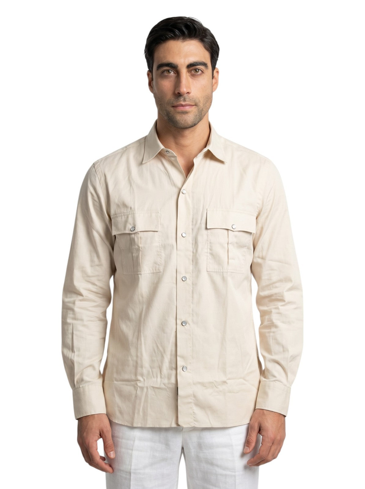 850$ ISAIA "Western" Cream Casual Shirt Pockets White Cotton - Silk  15.5 - 39