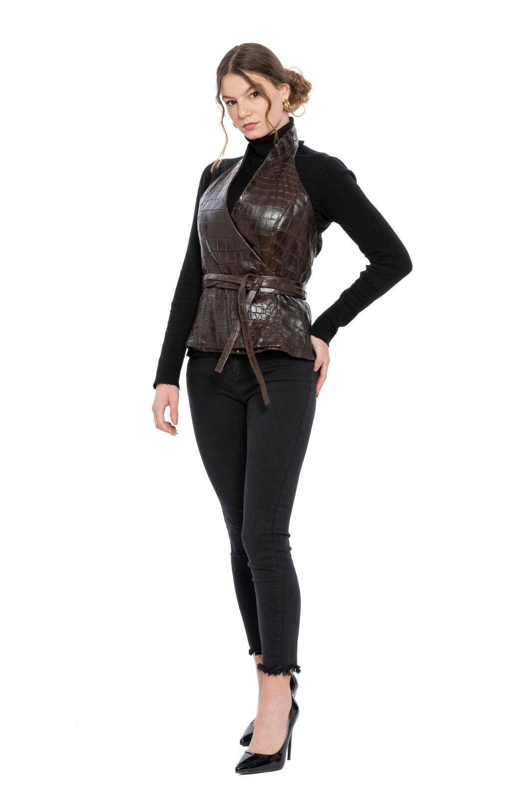 13,000$ BILANCIONI Brown Woman Real Crocodile Jacket "TAMPONATO" 40 IT / 4 US