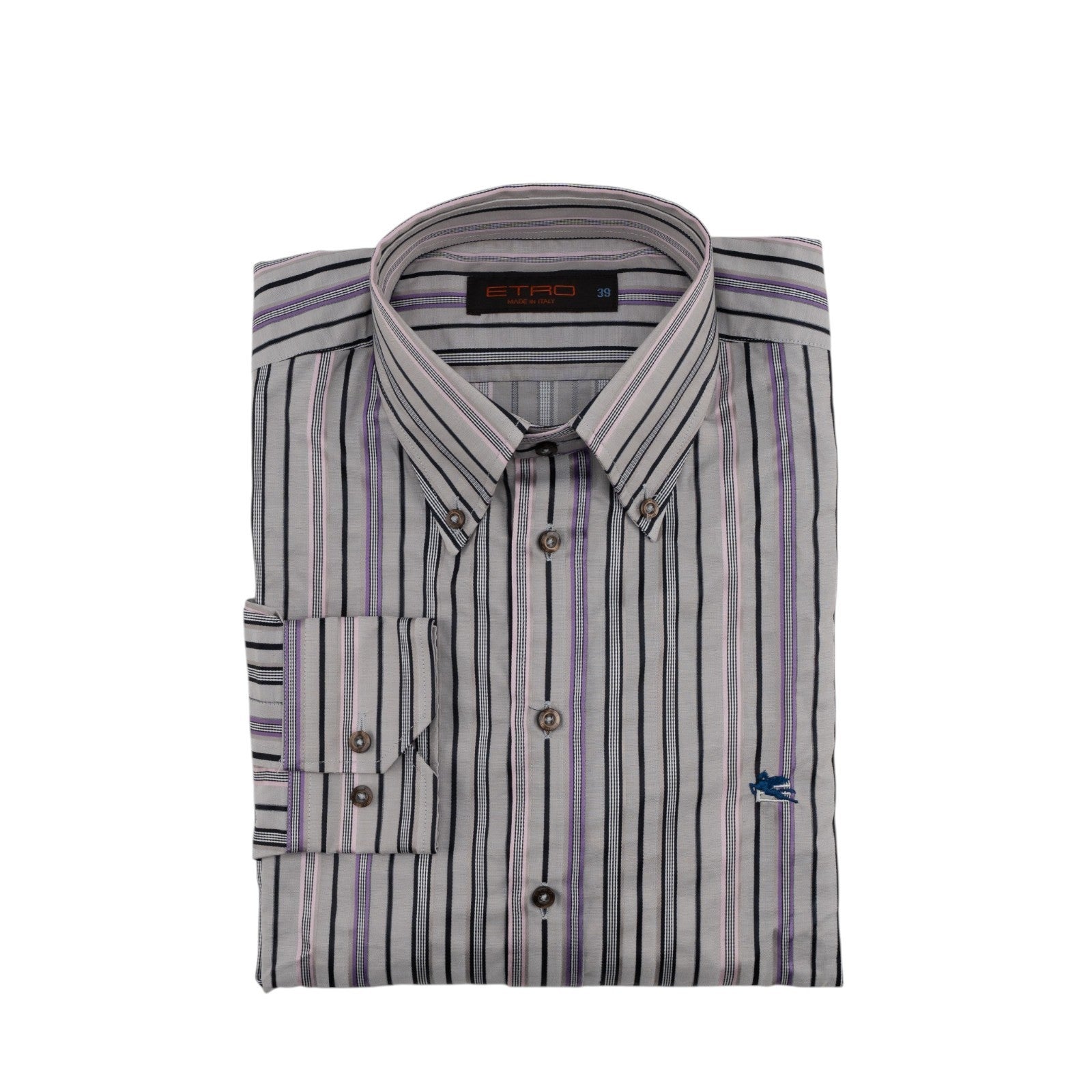 500$ ETRO MILANO Shirt Striped Gray Button Down 100% Cotton Size 15.5 - 39