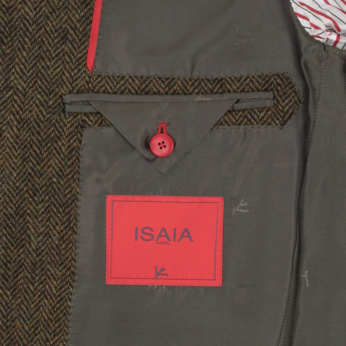 $7250 ISAIA Sartorial Overcoat Coat Herringbone Flannel Wool Olive Green - Brown