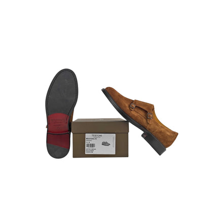 1250$ TESTONI "Vietri" Brown Double Monk Shoes Eco Suede 8 UK / 9 US / 42 IT