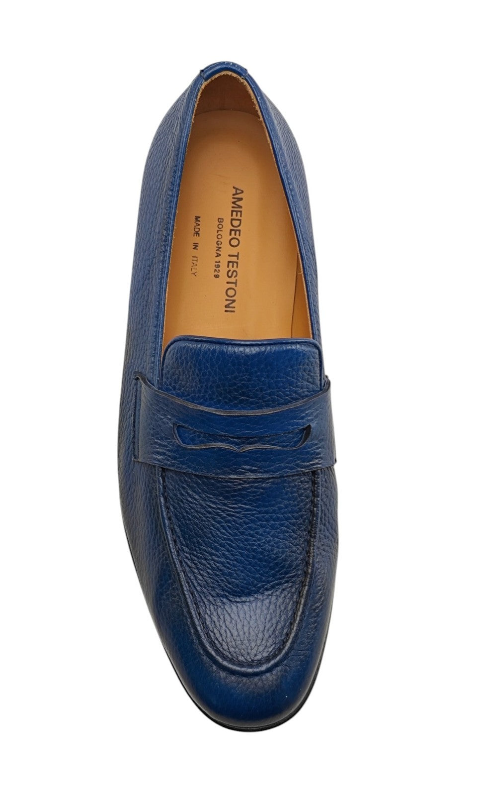 1300$ TESTONI "Pompei" Penny Loafer BOLOGNESE Deerskin Blue 8 UK / 9 US / 42 IT