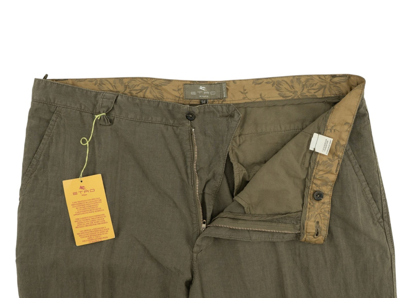 850$ ETRO MILANO Olive Green 100% Linen Pant Relaxed Straight 40 US / 56 EU