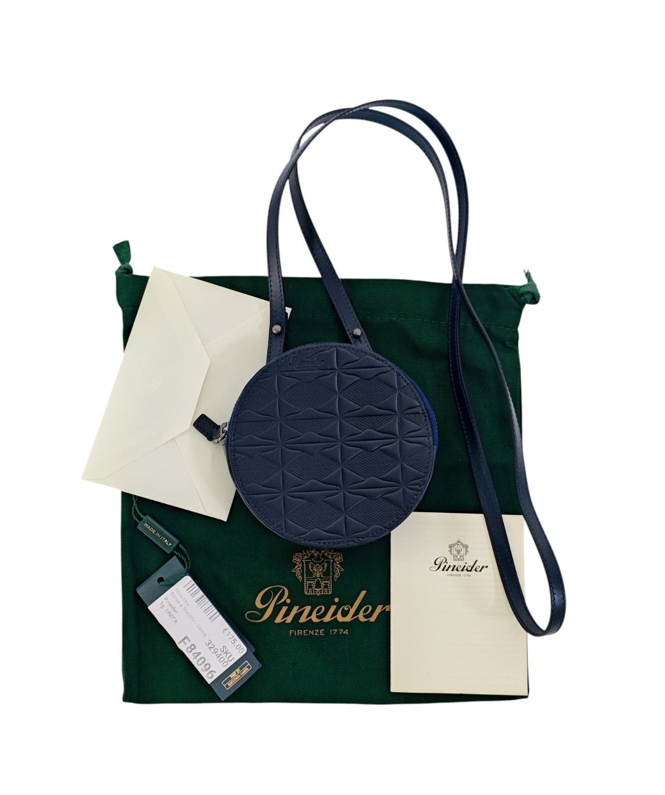 210$ PINEIDER FIRENZE 1774 Mini Crossbody Round Coin Case Embossed Calf Blue