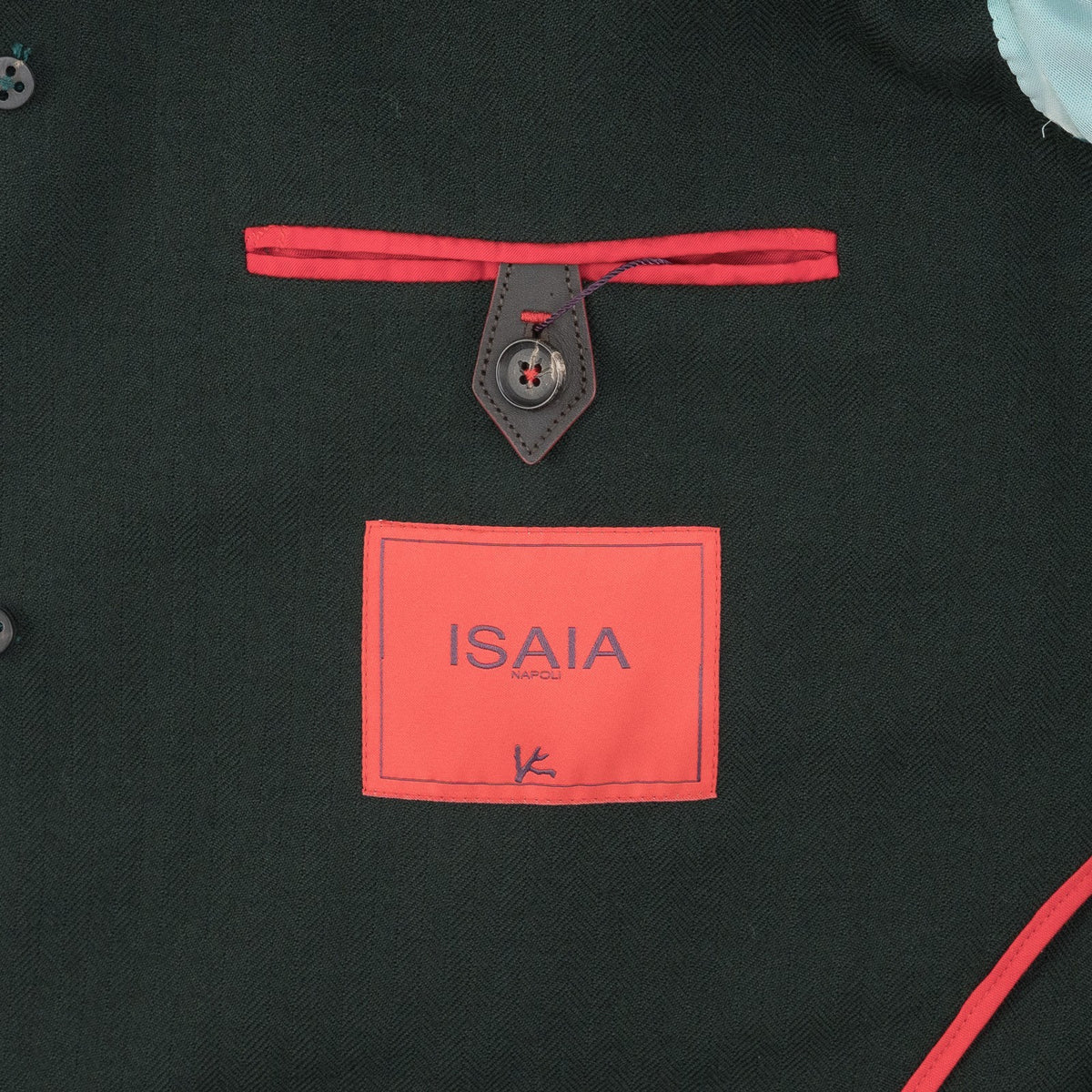 $6550 ISAIA NAPOLI Dark Green Trench Overcoat Wool Herringbone 38 US / 48 EU