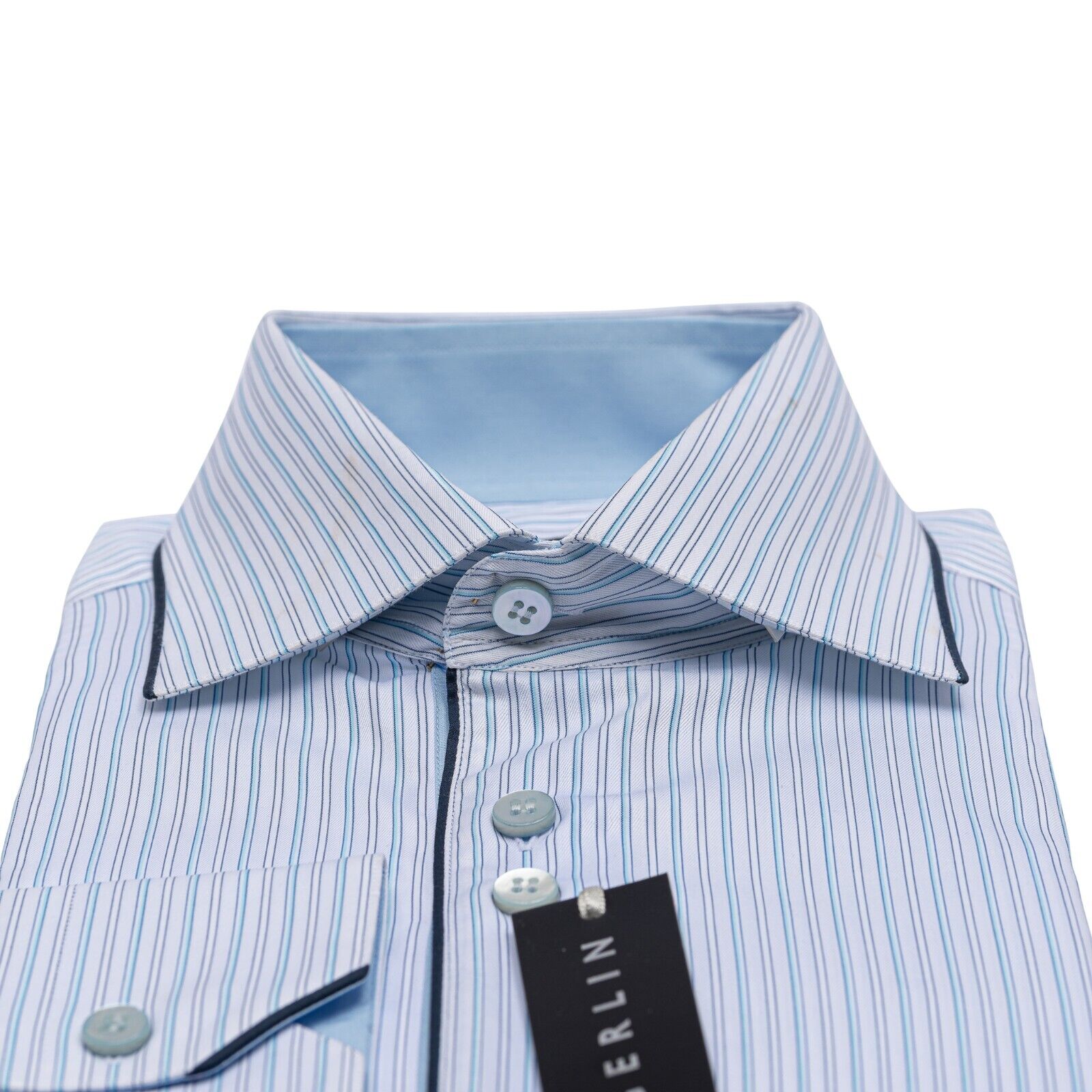 690$ LUXURY GERLIN Shirt Striped Blue Twill Cotton 16 - 41 2AB ZILLI
