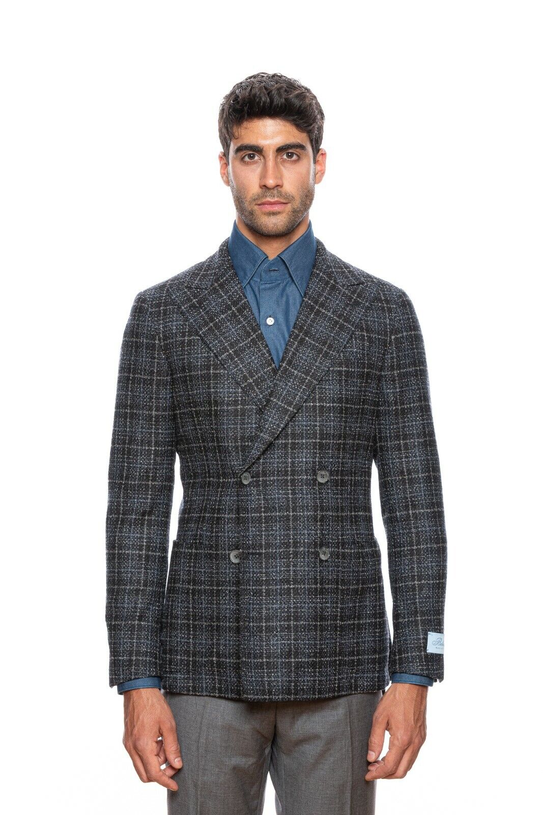 $2245 BELVEST Check Dark Blue Wool Jacket Double Breasted US 38 / 48 EU  8R Slim