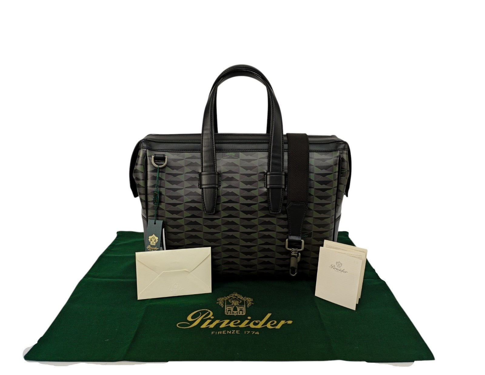 1250$ PINEIDER FIRENZE 1774 "New Empress" Calf PC Briefcase Bag Black / Green