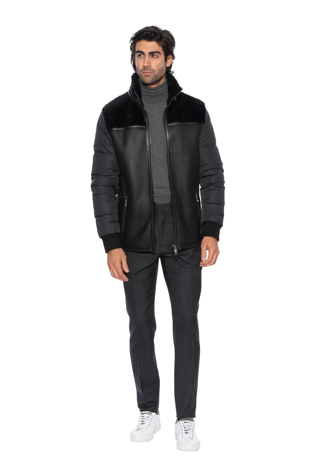 $3885 HETTABRETZ for TESTONI Black Jacket Coat Puffer Goose Down + Shearling