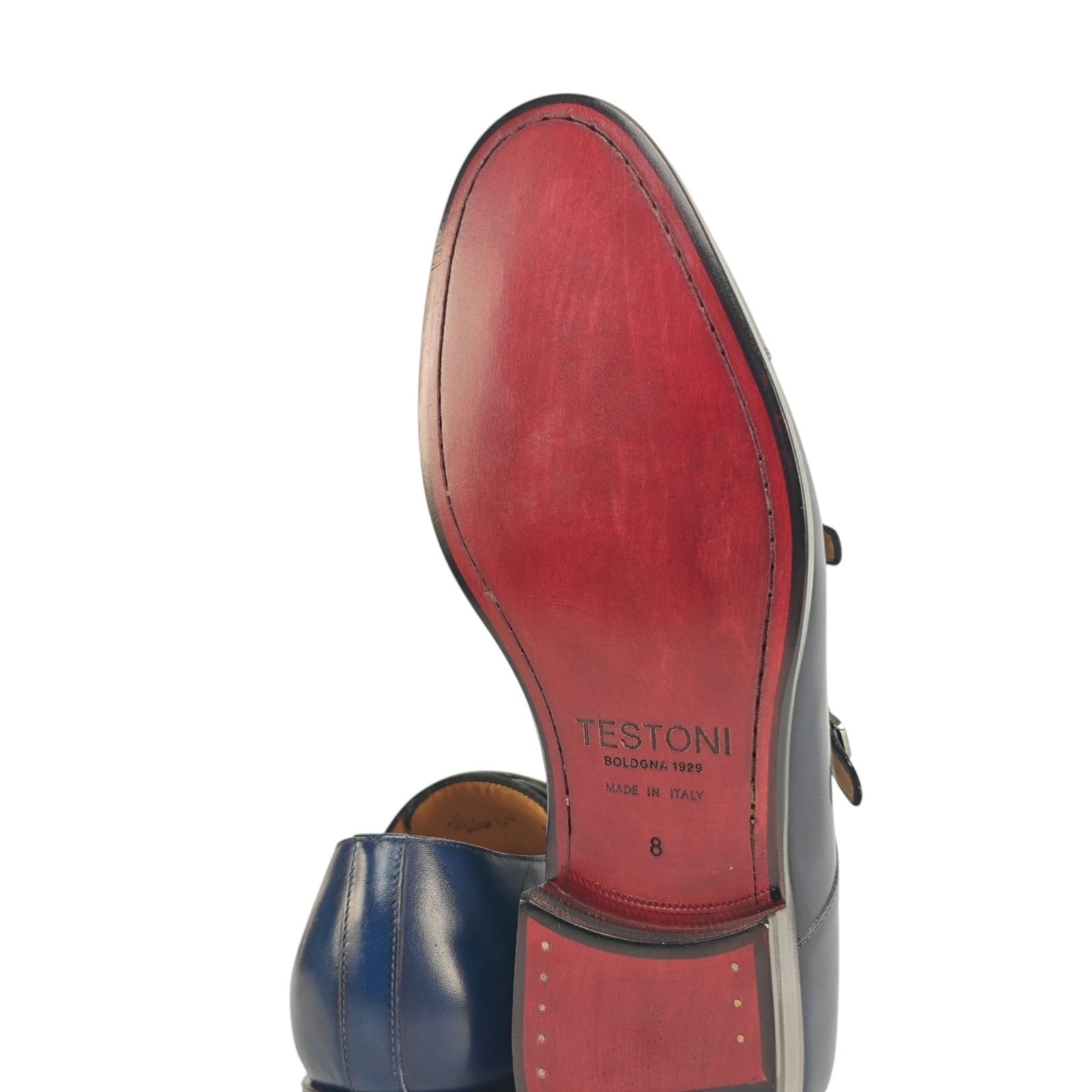1250$ TESTONI "Trento" Blue Double Monk Shoes Antiqued Calf 8 UK / 9 US / 42 IT