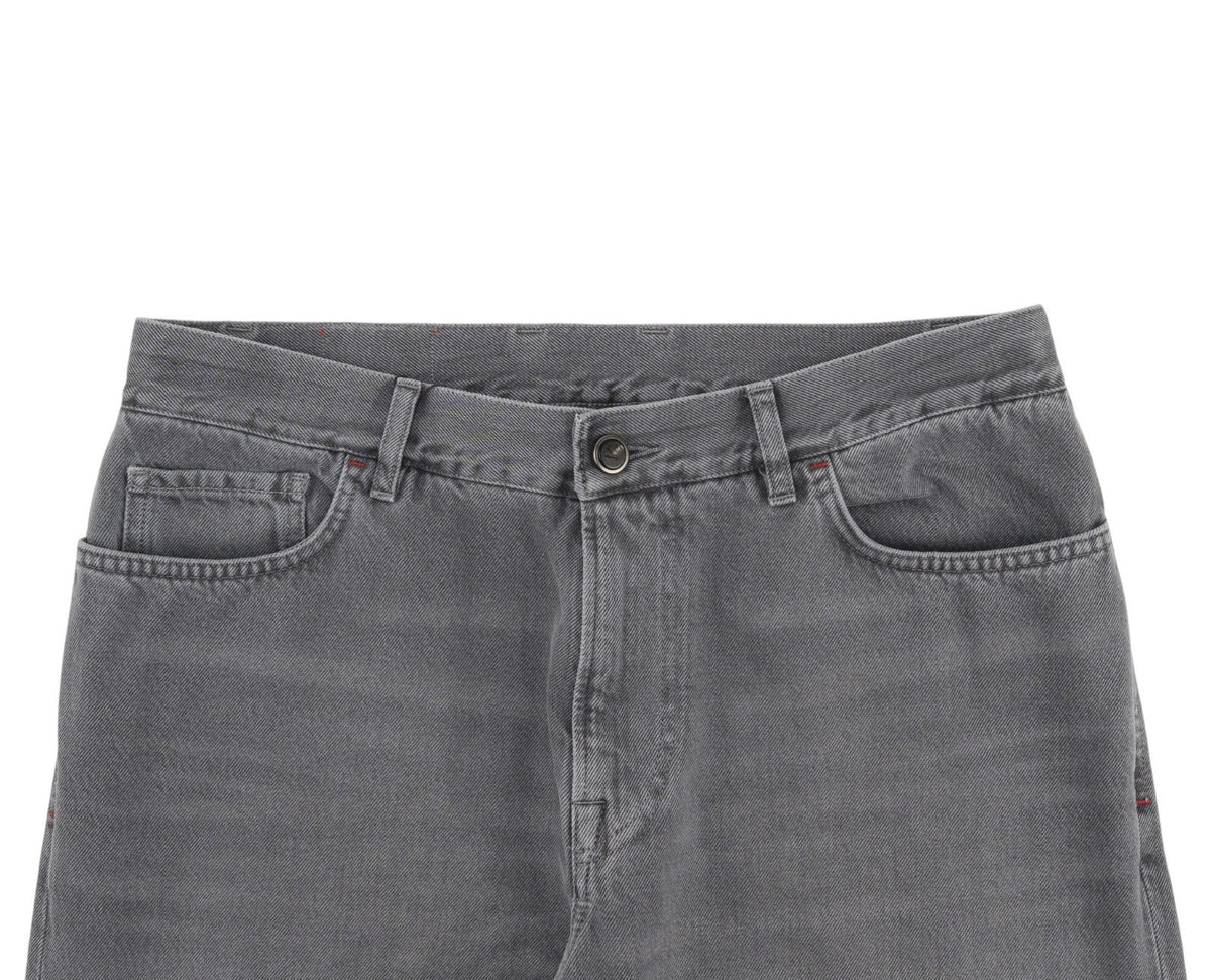 795$ ISAIA NAPOLI "Forcella" Gray Denim Jeans Pant Cotton - Leather Tag Wide Leg