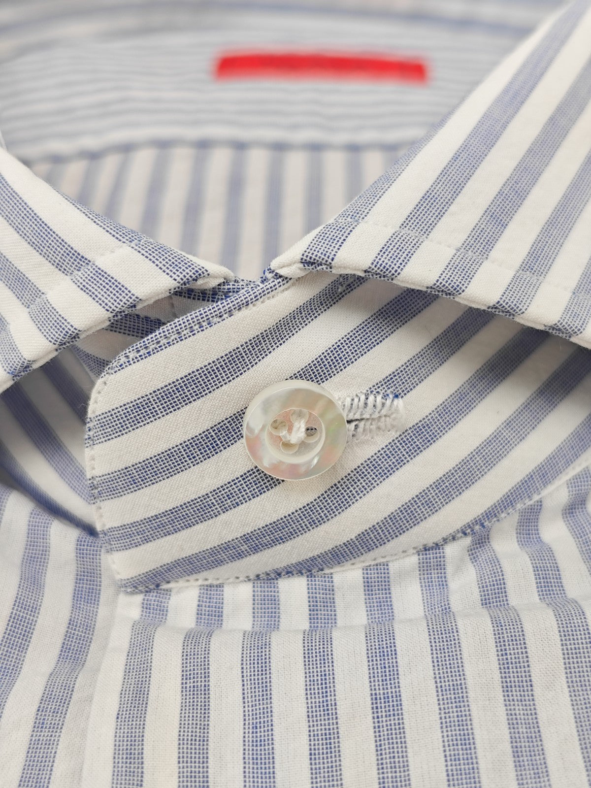 770$ ISAIA NAPOLI "Mix" White / Blue Striped Dress Shirt Seersucker Cotton