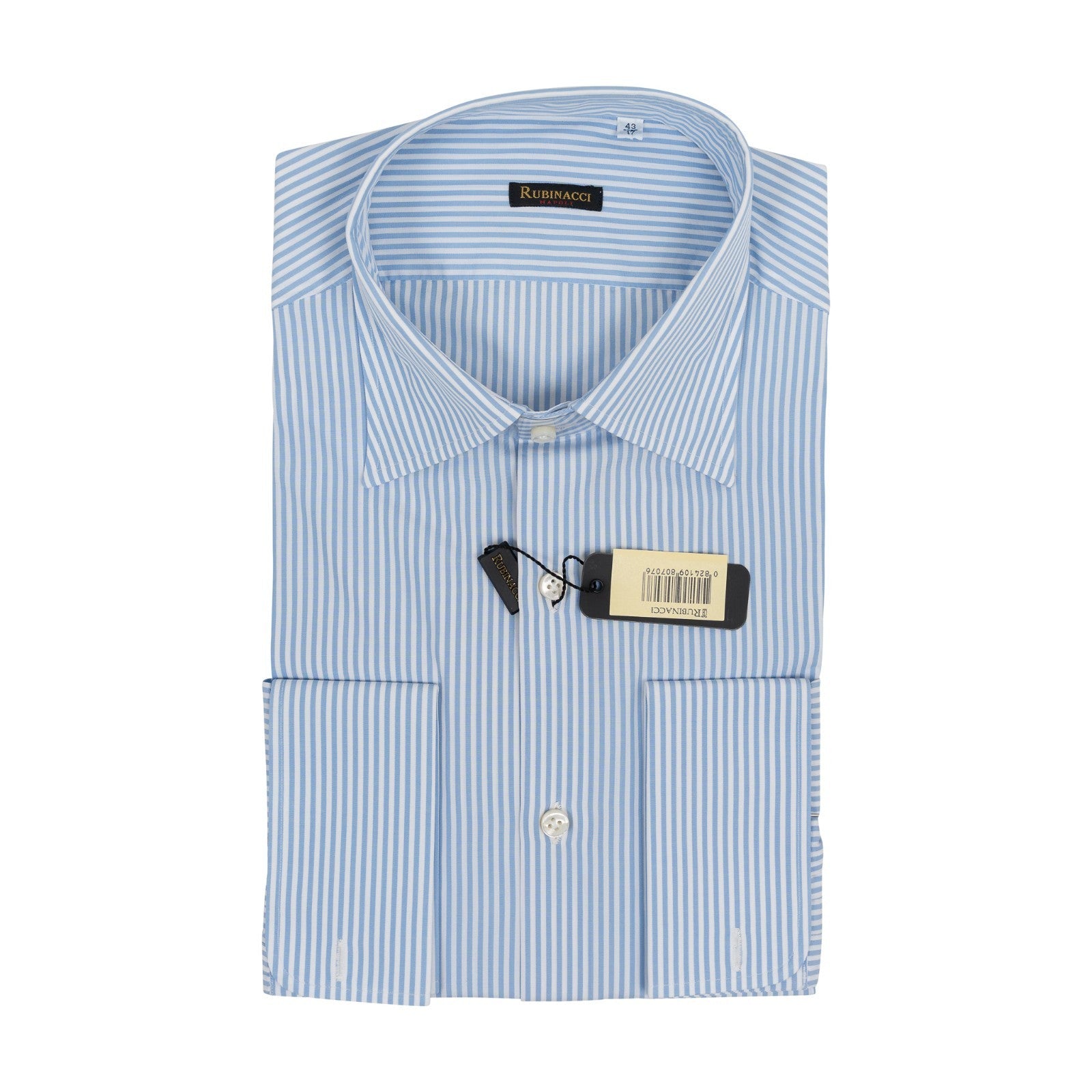 670$ RUBINACCI NAPOLI Striped White / Blue Hand-Sewn Dress Shirt Cotton   8X