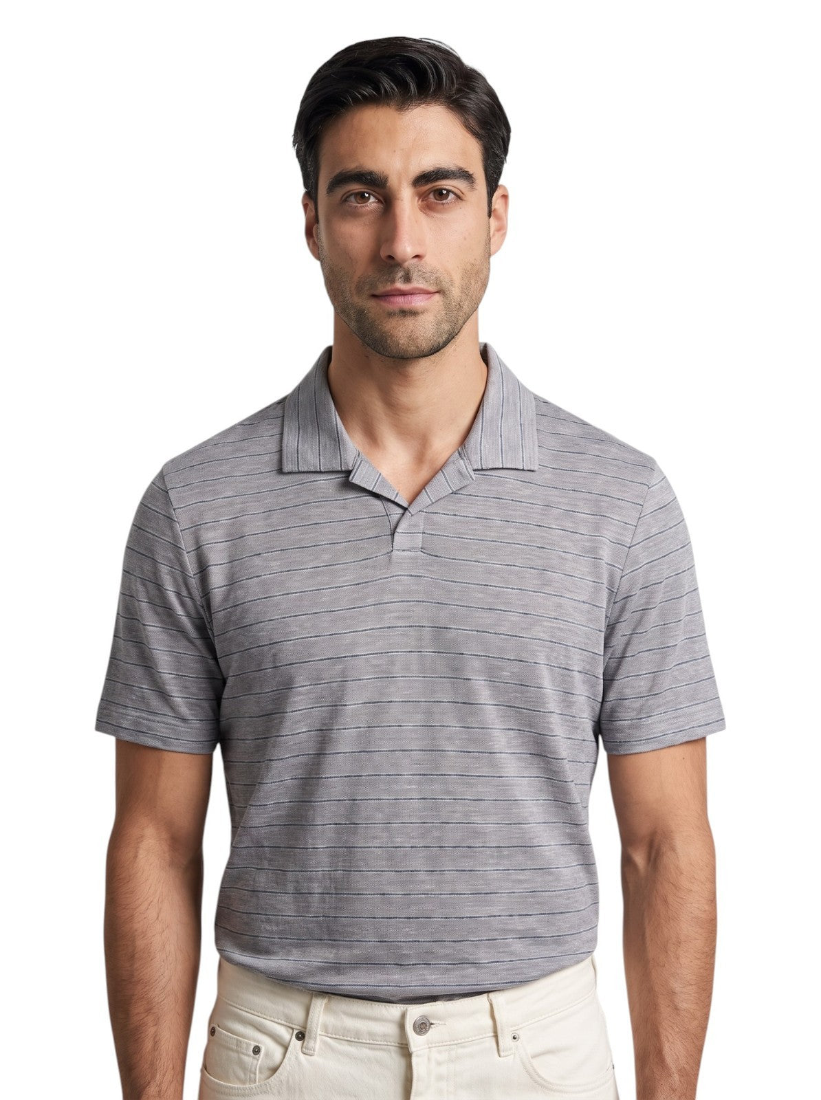 850$ ISAIA NAPOLI Camp Collar Polo Short Sleeve 100% Linen Blue / Gray Size XL