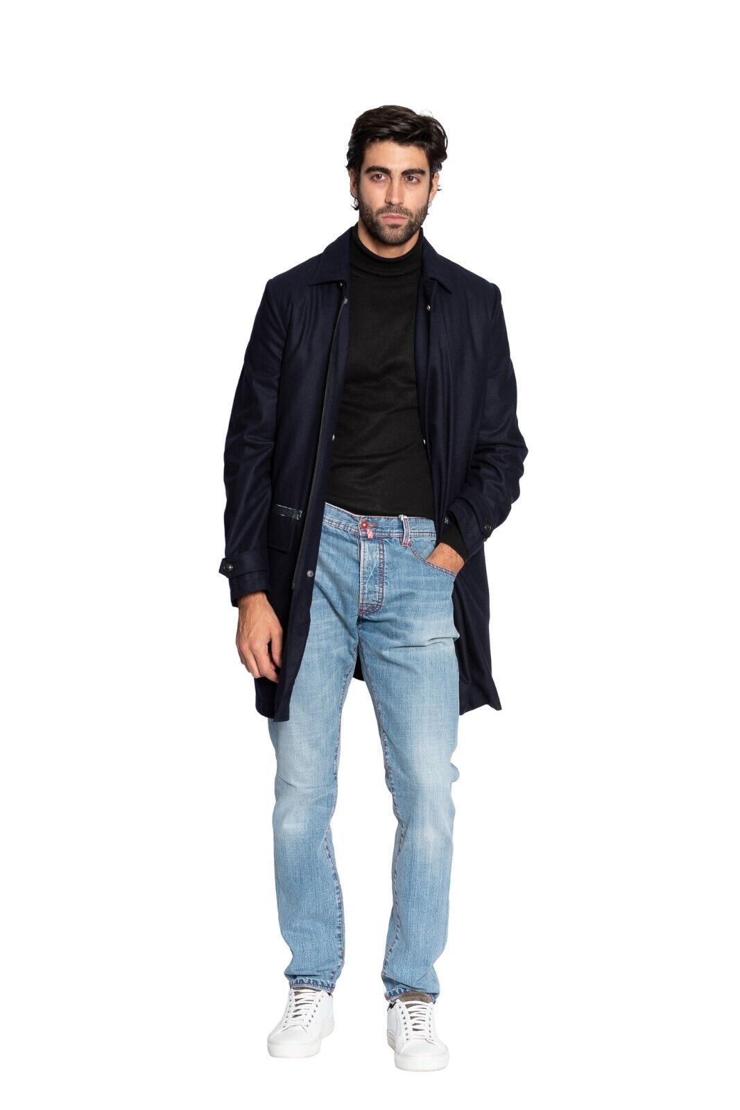 950$ MI.DA TOKYO-FIRENZE Trench Coat Blue Navy Wool Lining in CASHPAD (Cashmere)