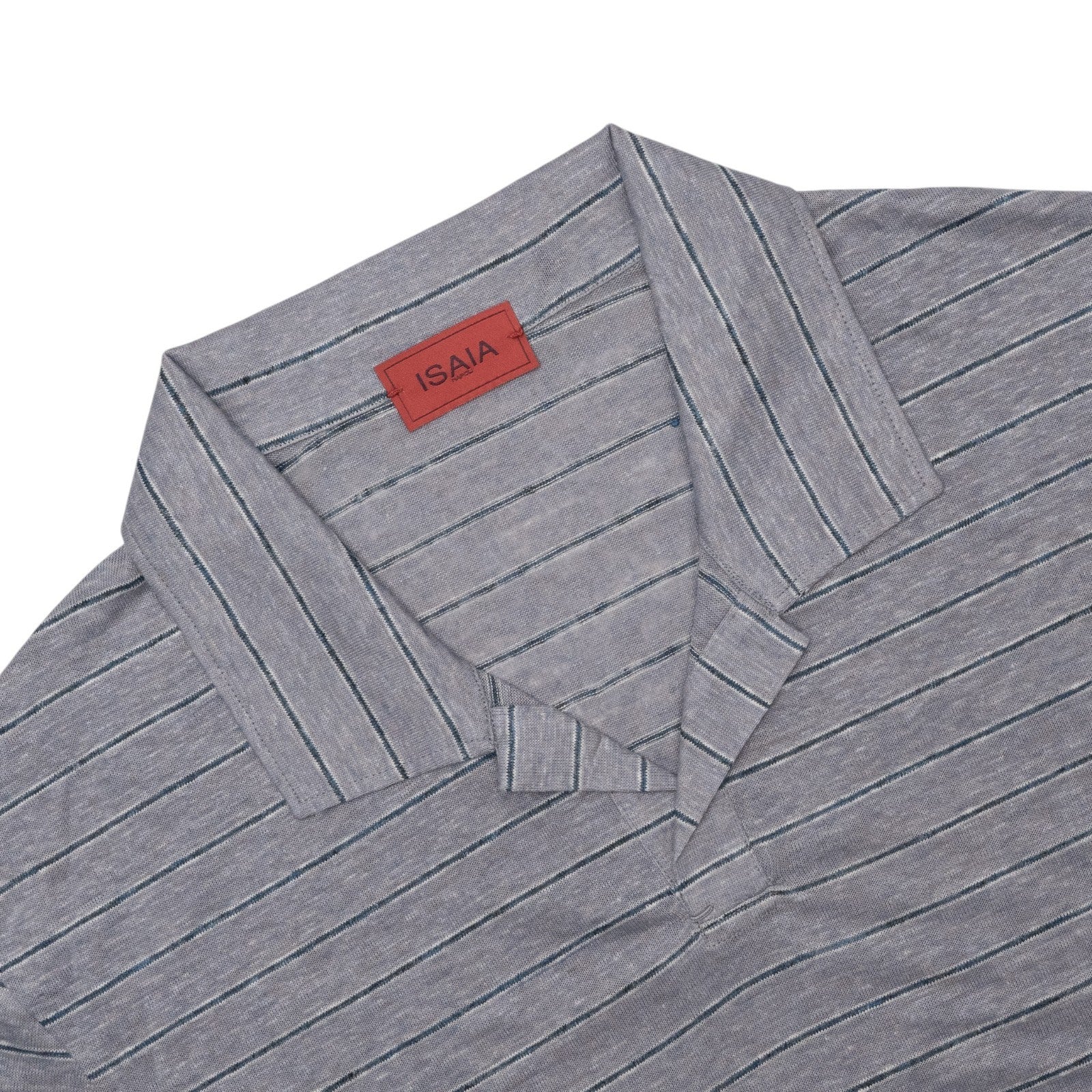 850$ ISAIA NAPOLI Camp Collar Polo Short Sleeve 100% Linen Blue / Gray Size XL