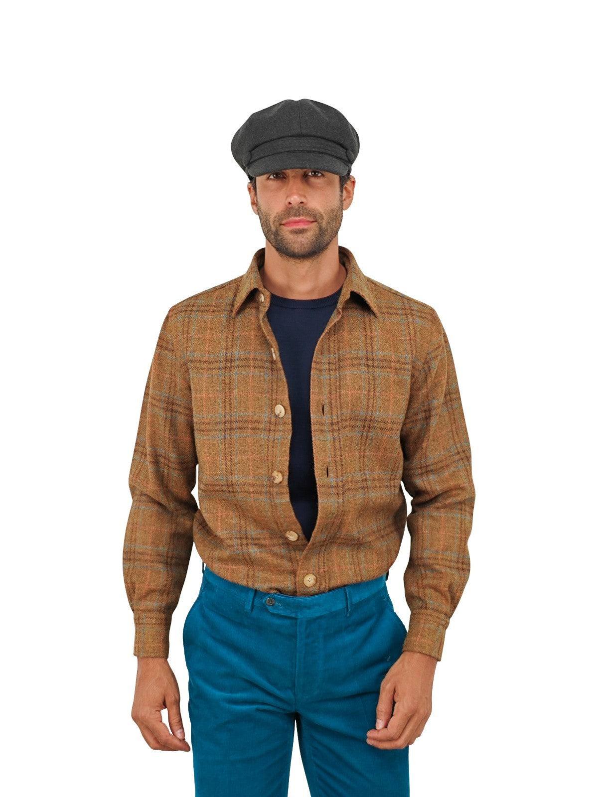 $950 RUBINACCI NAPOLI Brown Checks Overshirt Jacket Flannel Wool Size M