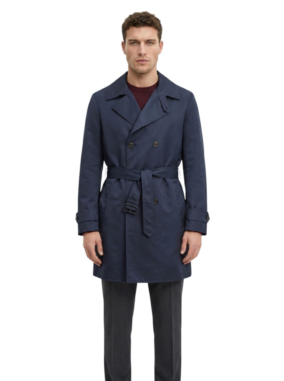 6590$ ISAIA Blue Navy Belted Trench Coat Cashmere / Silk 38 US / 48 EU R