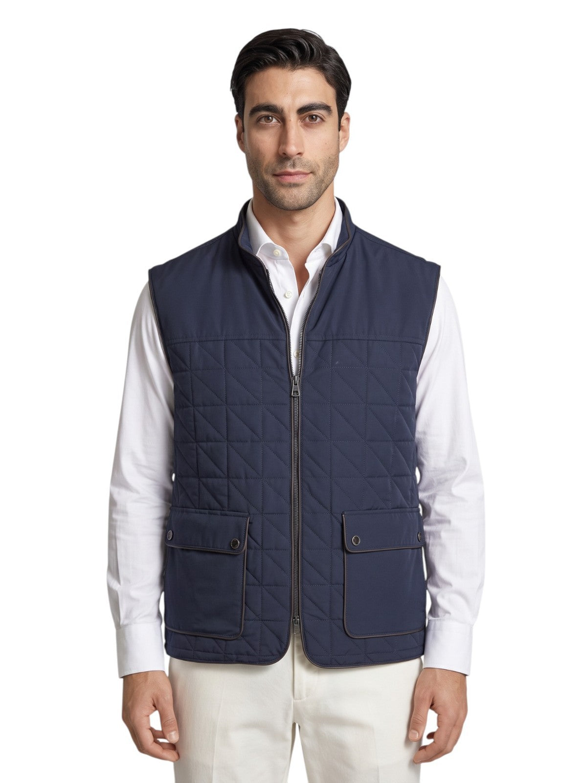 2790$ ISAIA NAPOLI Dark Blue Vest Jacket Techno Wool + Leather 50 US / 60 EU