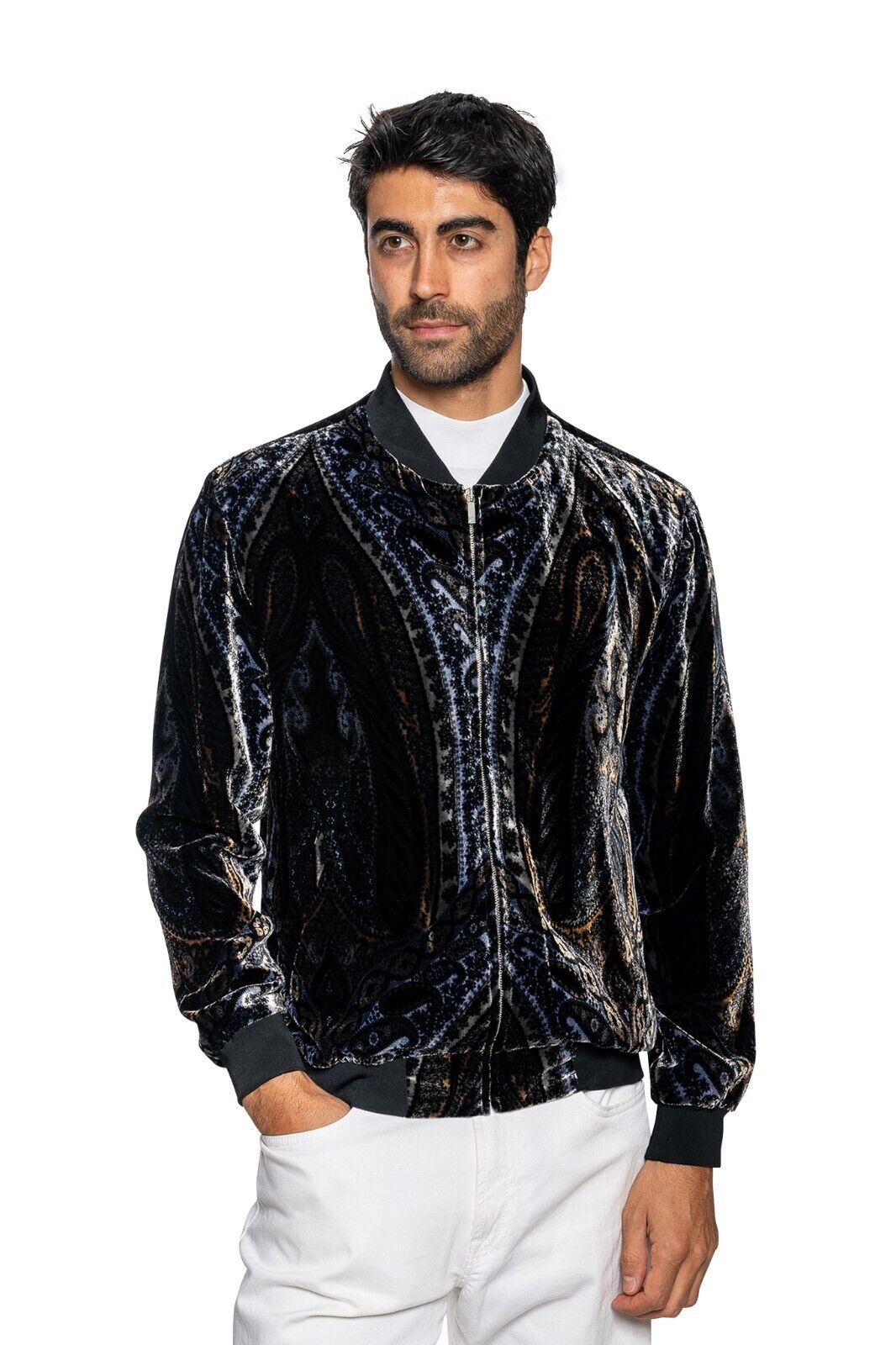2000$ ITALO FERRETTI Bomber Jacket Silk "VELVET DAMASK" Paisley  40 US / 50 EU