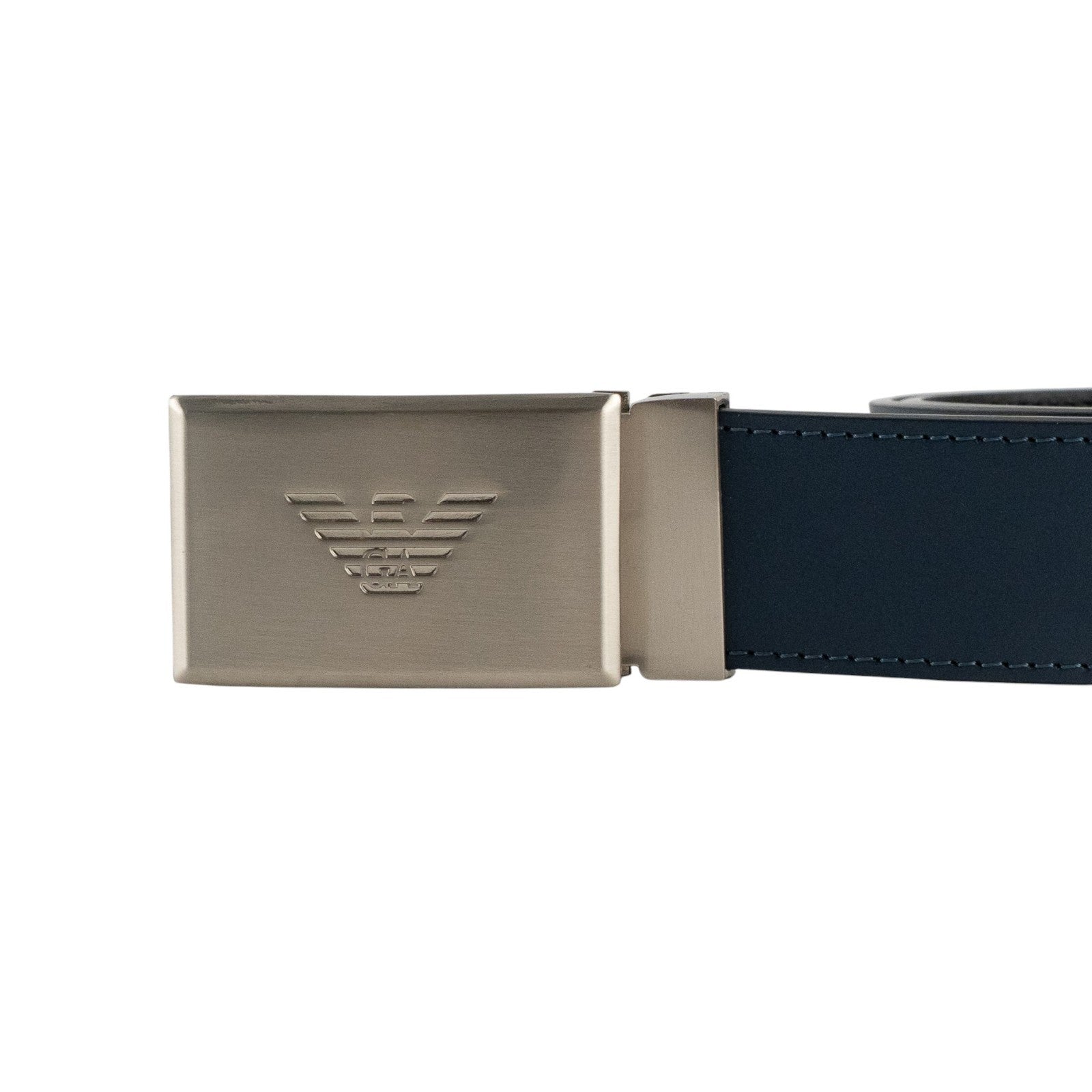 420$ GIORGIO ARMANI Belt Blue Black Leather Logo Plaque Buckle Reversible Sz 75