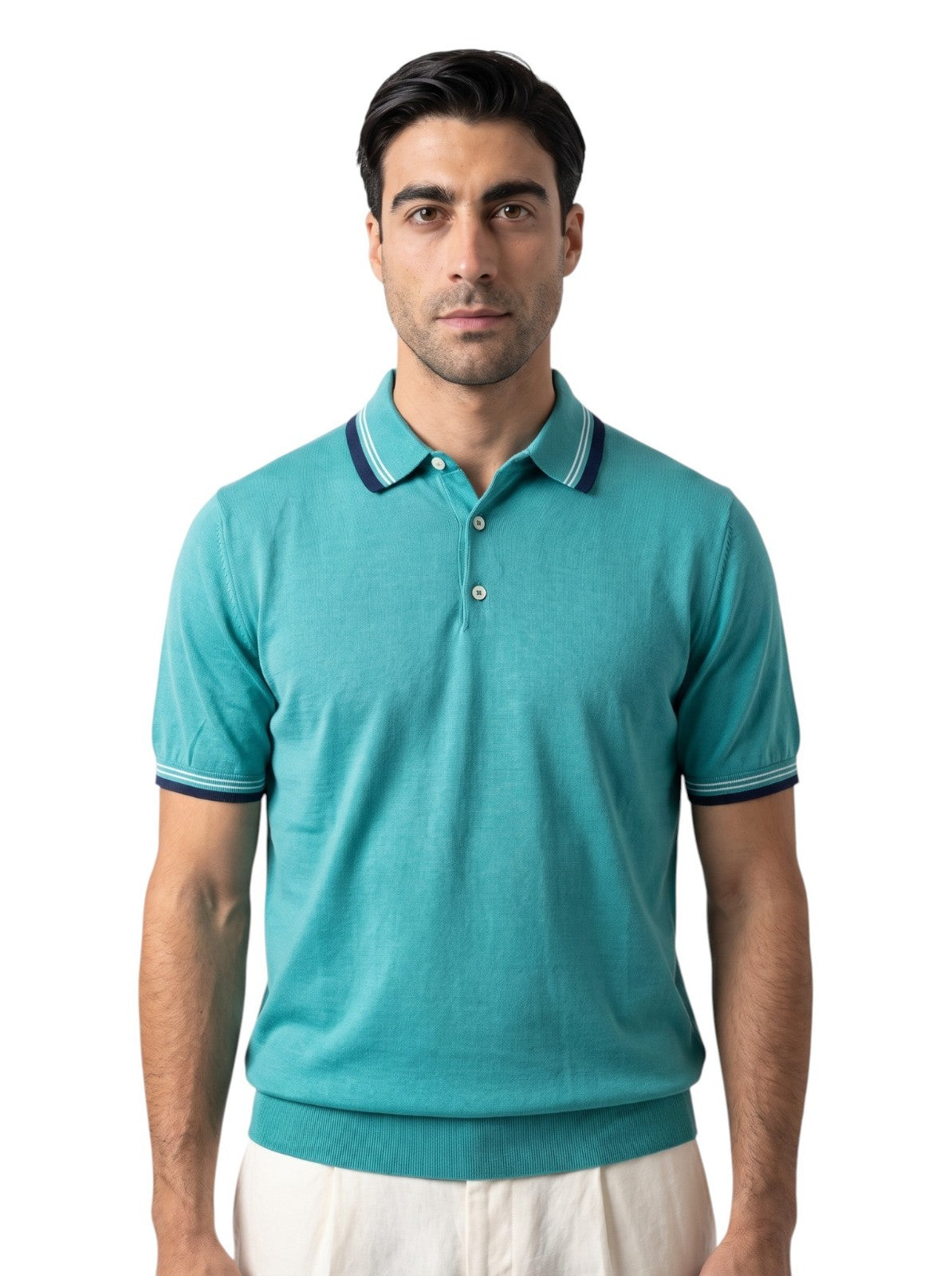1150$ ISAIA NAPOLI Turquoise Polo Sweater Short Sleeve Knit Cotton Size L