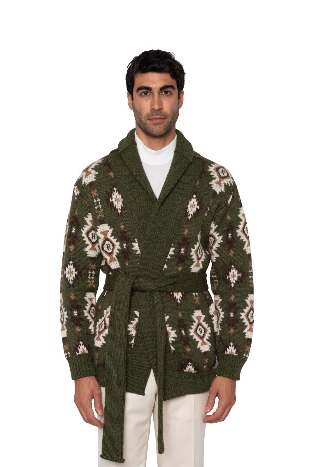 $2200 FEDELI CASHMERE Green Belted Cardigan Jacquard Baby Alpaca 40 US / 50 EU