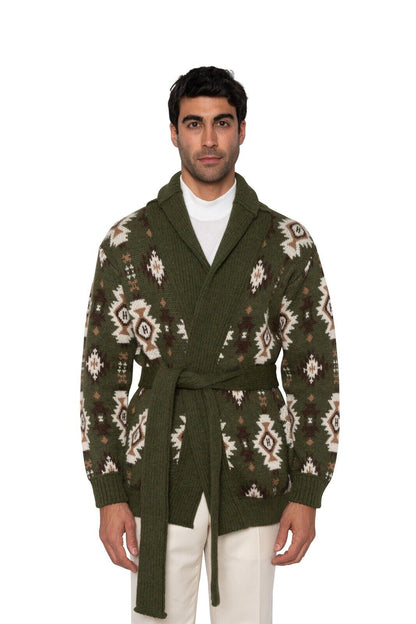 $2200 FEDELI CASHMERE Green Belted Cardigan Jacquard Baby Alpaca 40 US / 50 EU