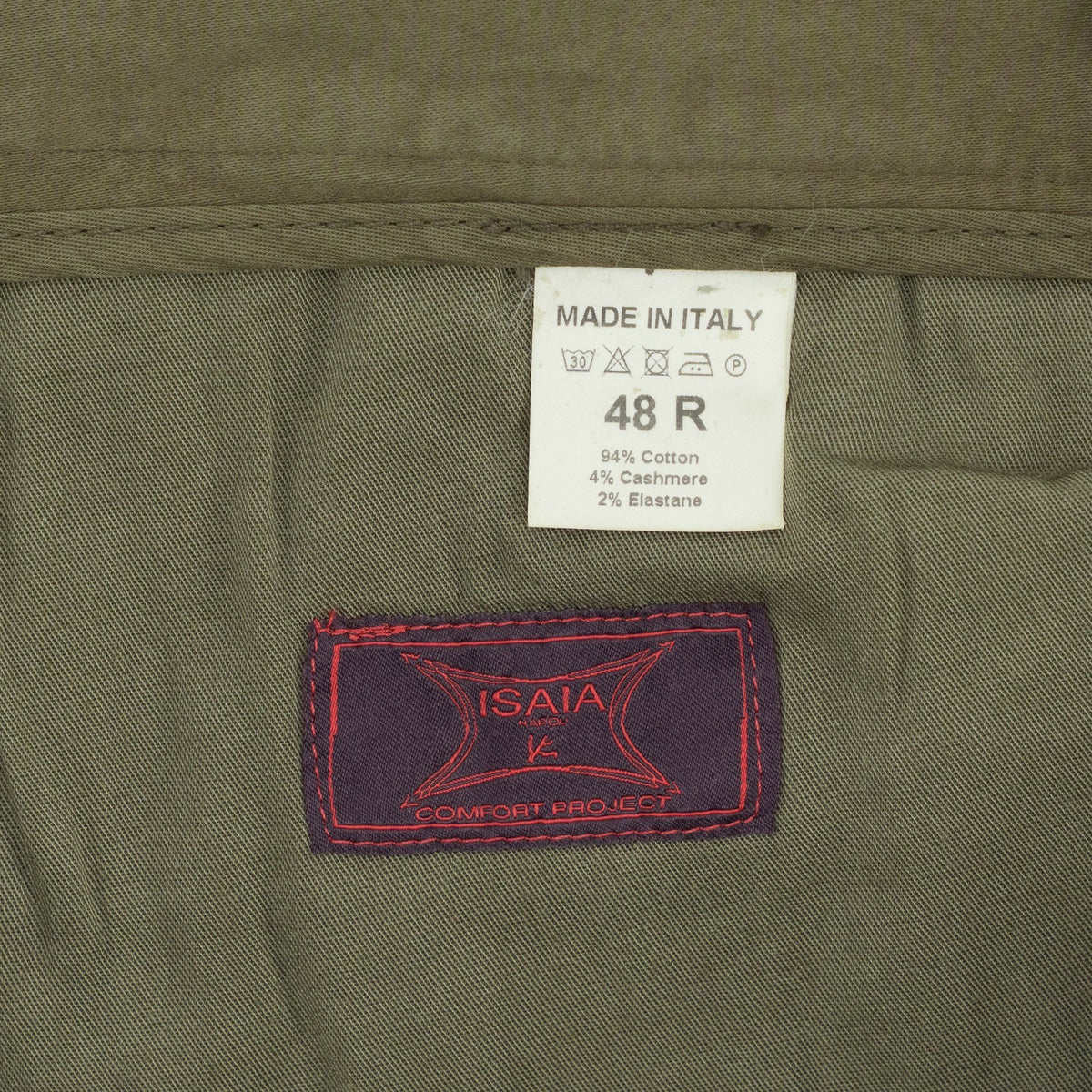 850$ ISAIA NAPOLI Green Army Chino Pant Cashmere Cotton Regular Fit 32 US  48 EU