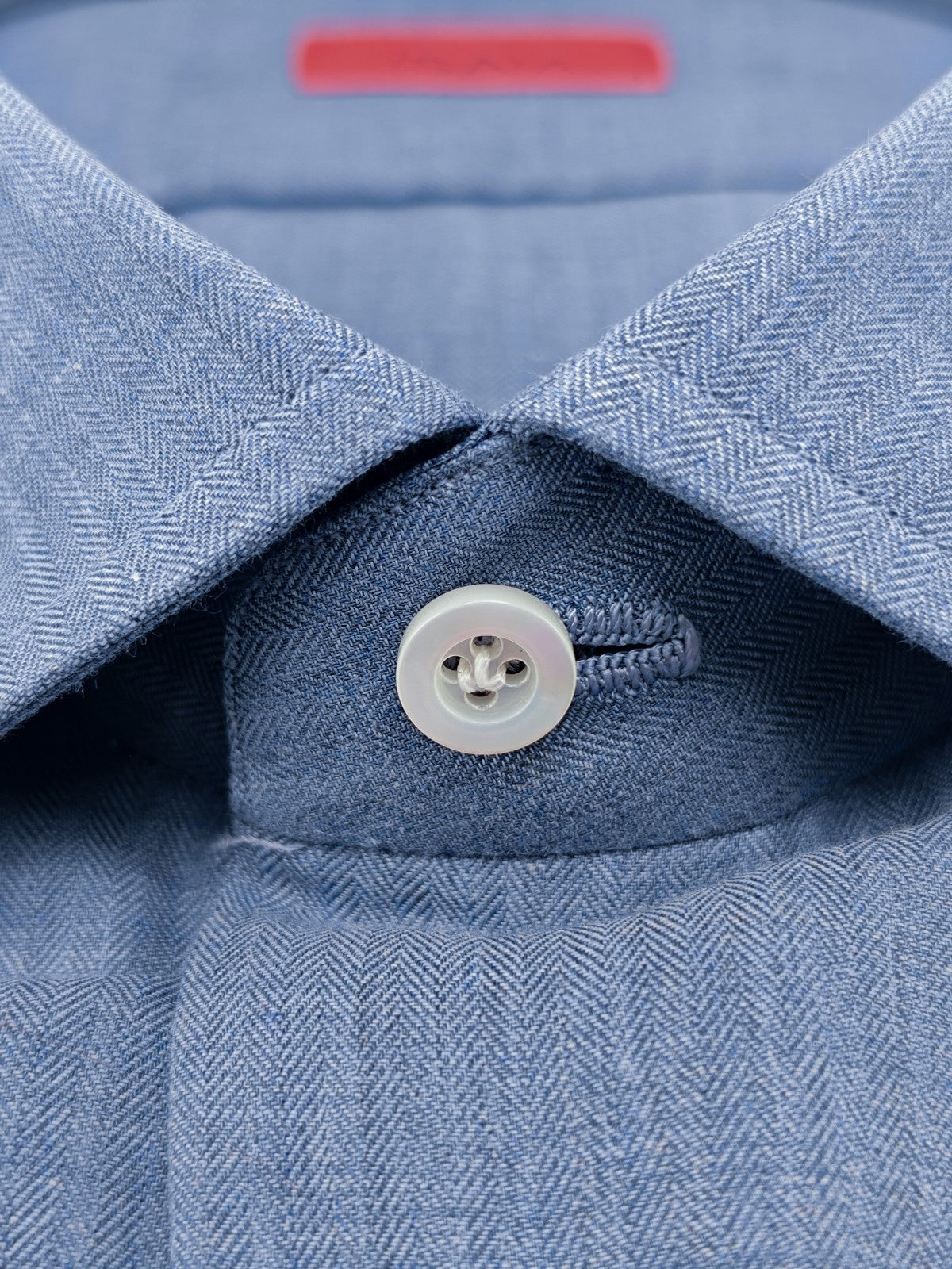 780$ ISAIA Dress Shirt Medium Blue Herringbone Fine Cotton 17.5 - 44