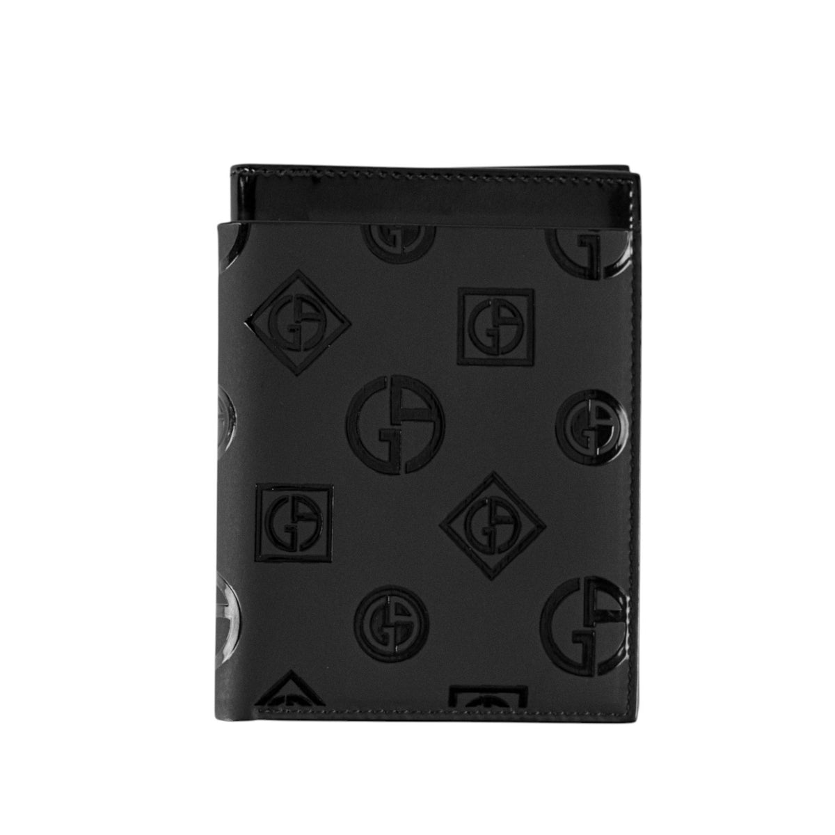 490$ GIORGIO ARMANI Black GA Monogram Leather Bifold Wallet Card Holder