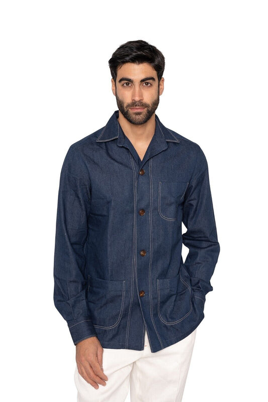 1400$ LUXURY MAROL BOLOGNA Japan Denim Safari Jacket Shirt Blue Cotton 15.5 - 39