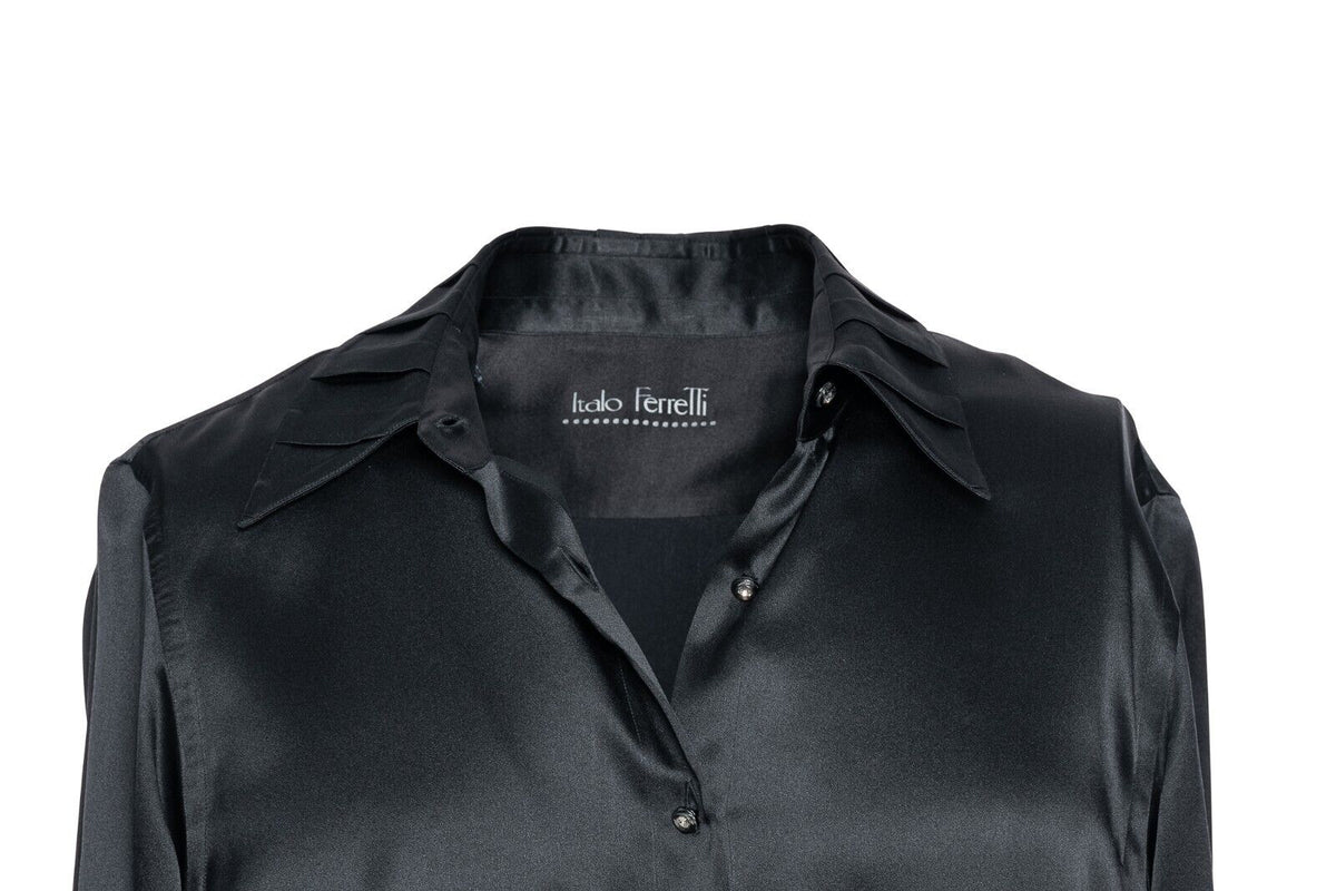 1600$ LUXURY ITALO FERRETTI Shirt Women Black 100% Silk COMO Size M BIJAN