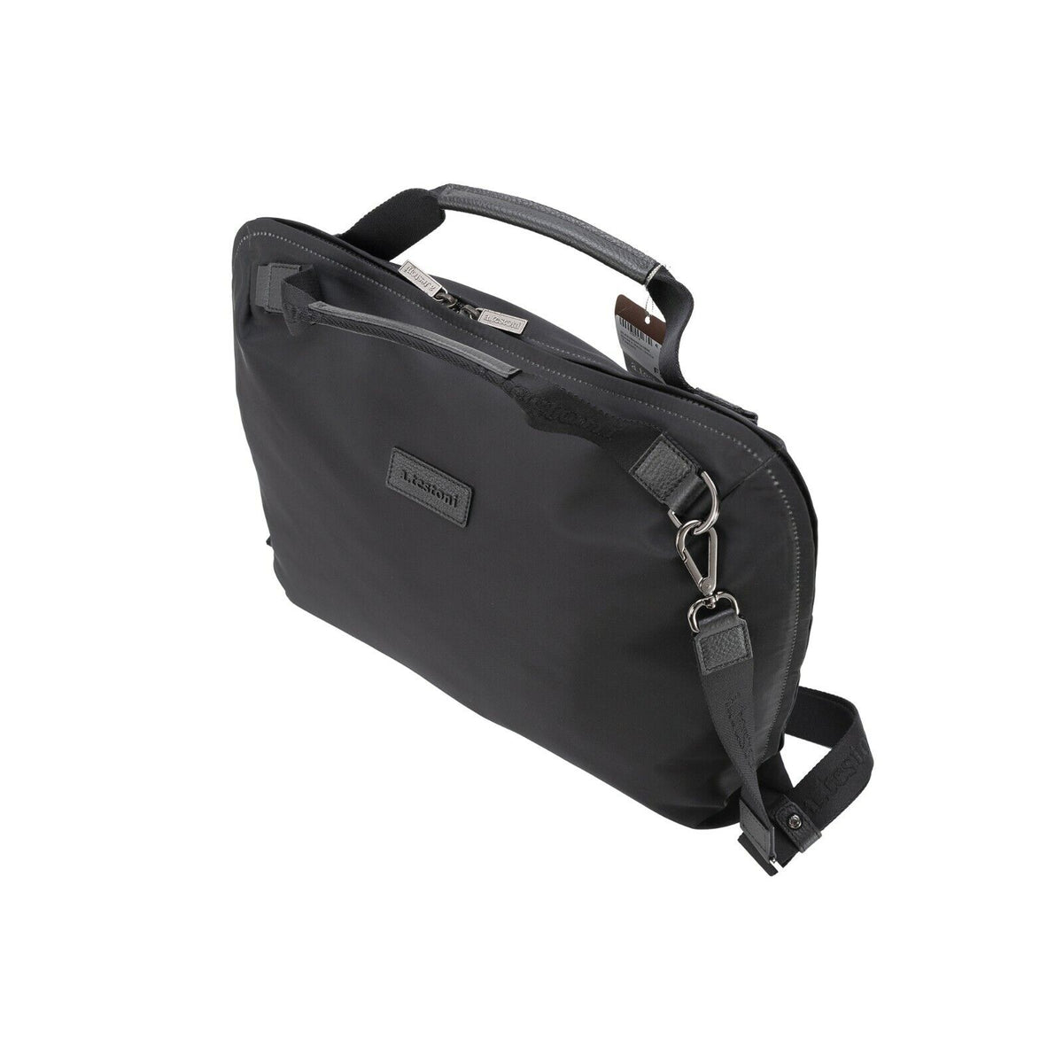 $650 Testoni Bologna Briefcase Bag Fabric + Karibu Calf Black + Shoulder Strap