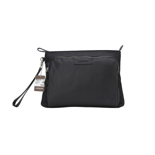 $480 Testoni Bologna Black Karibu Calf + Fabric Hand Clutch Bag + Handle